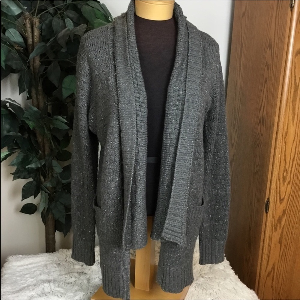 Attention  long sleeve open front sweater Woman’s size large gray silver